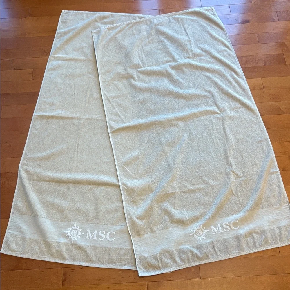 MSC Cruise Line Oversized Beach Towels Tan White Embroidered